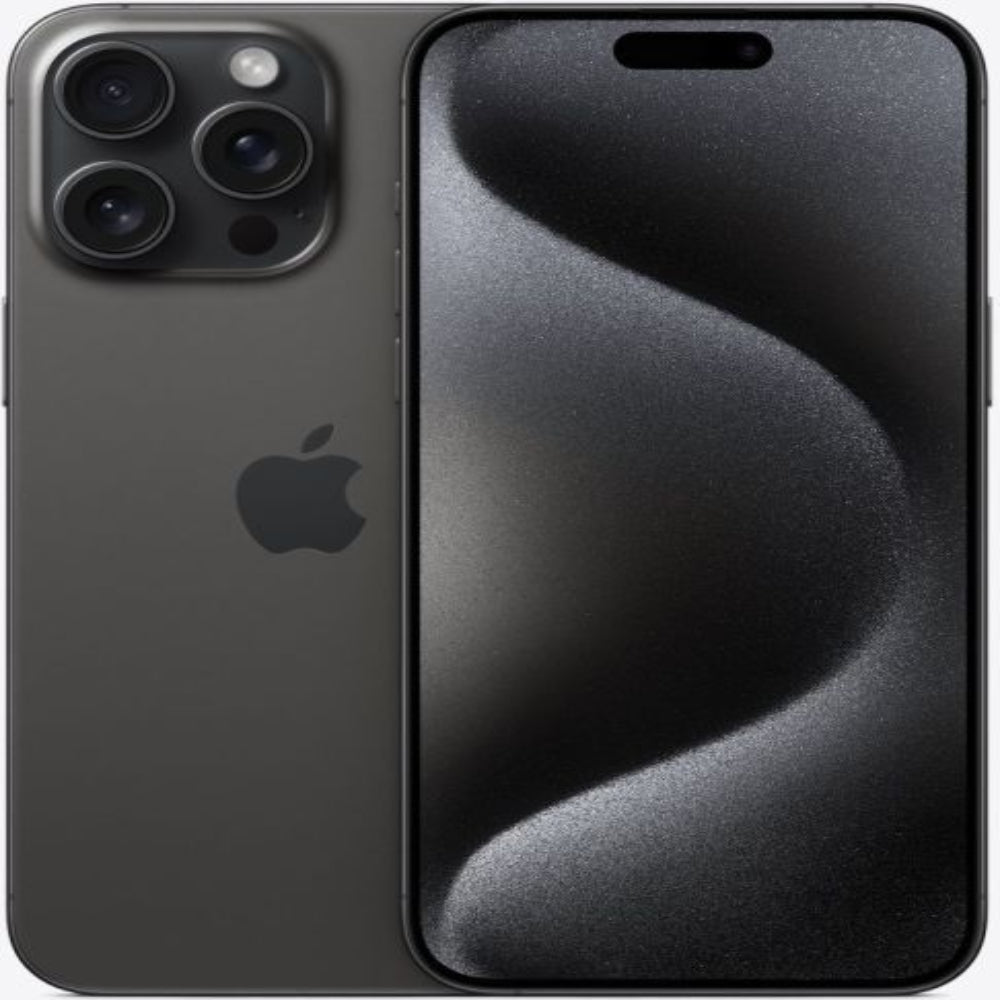 Black Apple iPhone showing both the back and front views, featuring a triple-camera system on the back and a large front display with a black wavy wallpaper.