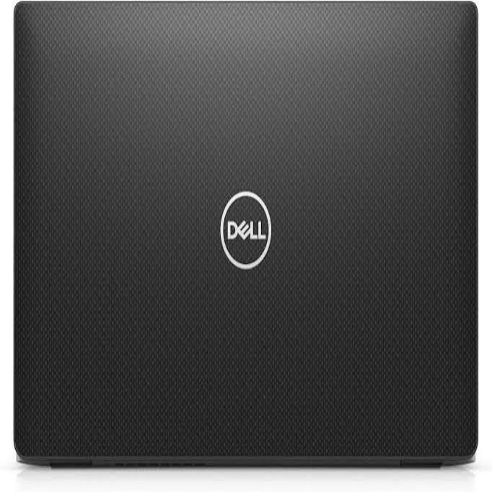 A closed Dell laptop shown from the back, featuring a textured black finish with the silver and white Dell logo centered on the lid.